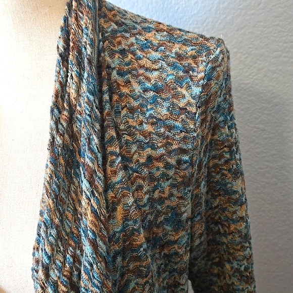 ZOZO Open Front Waterfall Cardigan Waffle Texture Blue Brown Sz Large - Picture 5 of 13